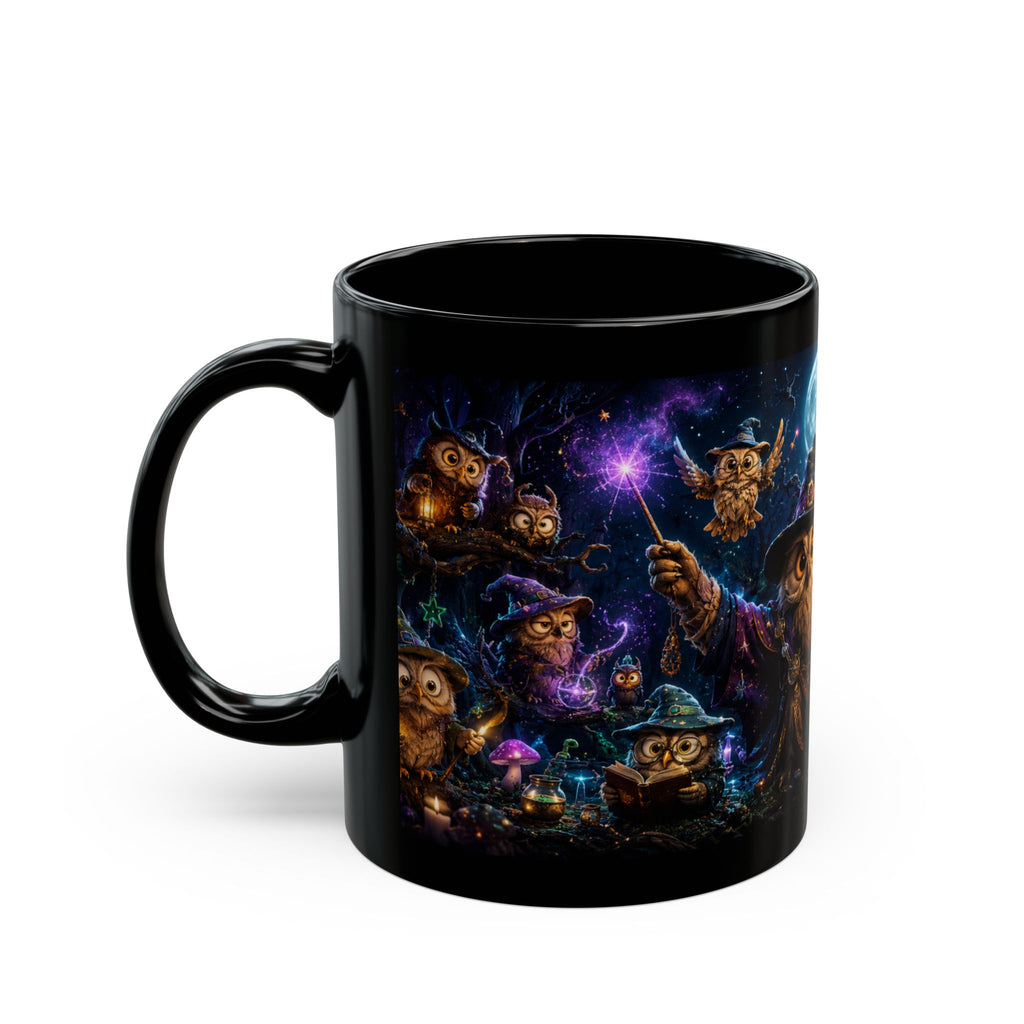 Halloween Owl Magic Black Mug — Witchy Owls Night Sky Coffee Cup (11oz/15oz)