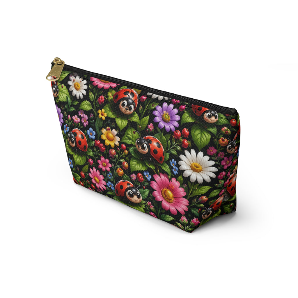 Ladybug Garden Accessory Pouch — Floral Makeup & Travel Cosmetic Bag