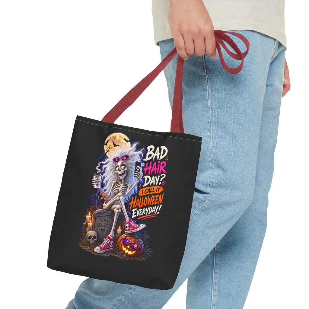 Halloween Skeleton Tote Bag — "Bad Hair Day? I Call It Halloween Everyday" Graphic