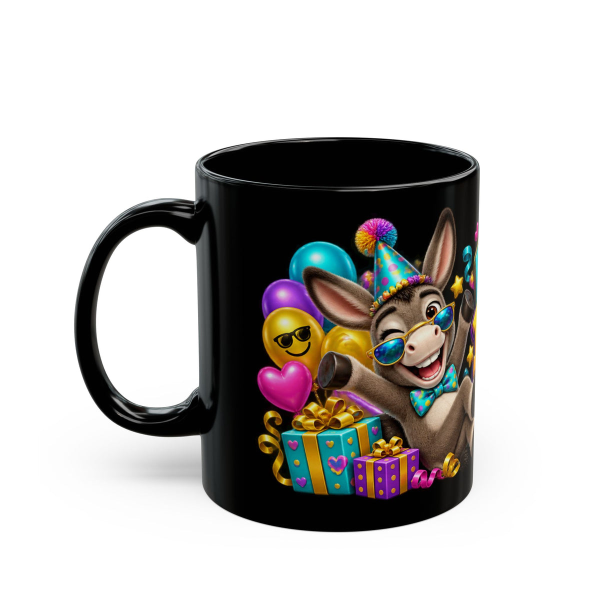 Kickin’ It Birthday Style Donkey Black Mug – Funny Happy Birthday Party Cup, Colorful Festive Gift