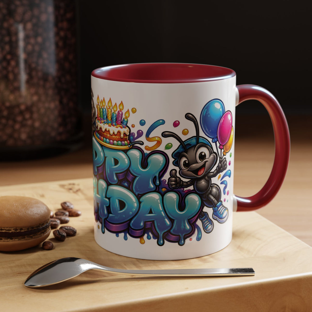 Happy Birthday Cartoon Mug – Graffiti Ants, Birthday Cake, Balloons & Confetti Coffee Cup