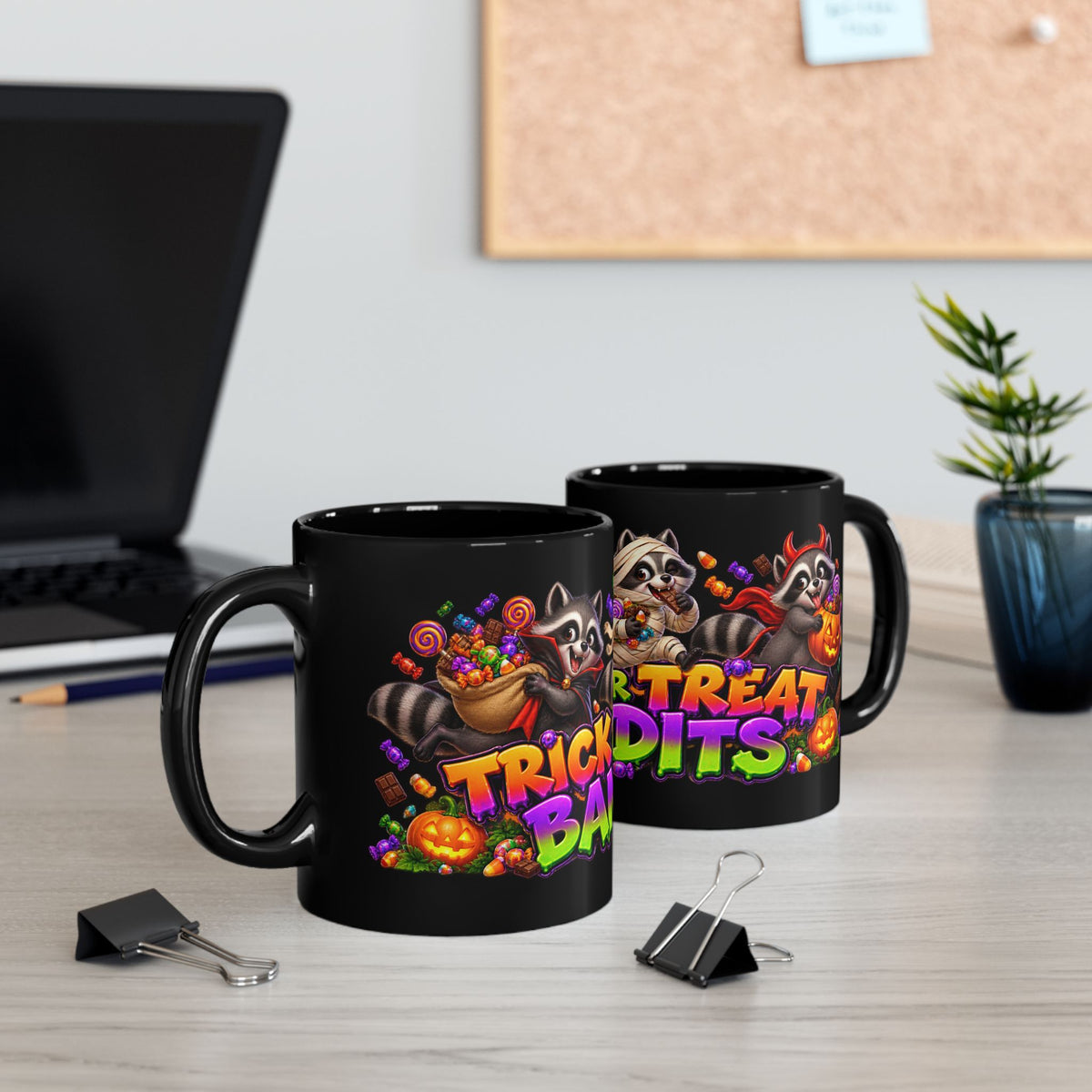 Trick or Treat Bandits Raccoons Halloween Black Mug