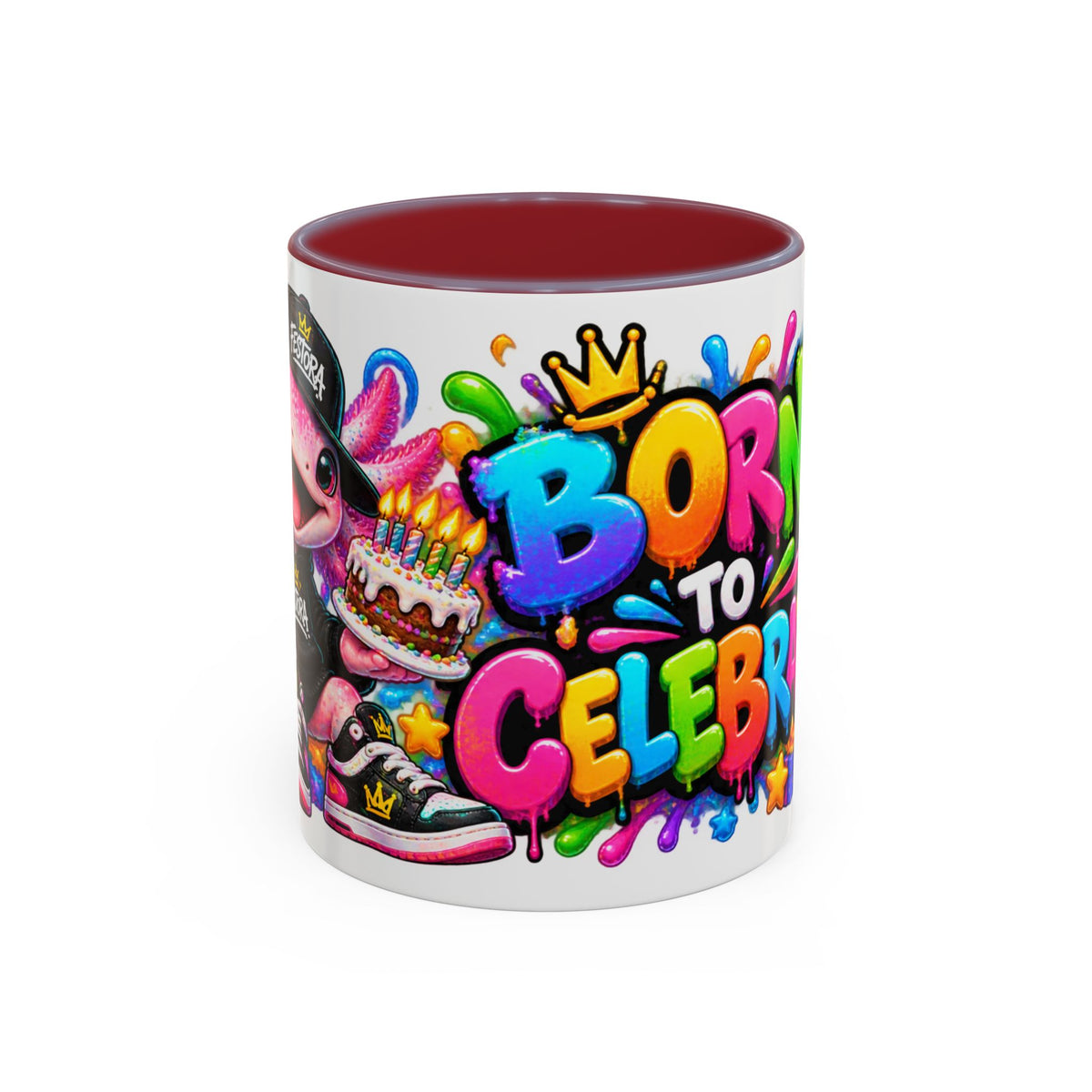 BORN TO CELEBRATE! White Ceramic Mug – Cute Axolotl Birthday Coffee Cup – Colorful Party Gift – Original FestoraShop Design