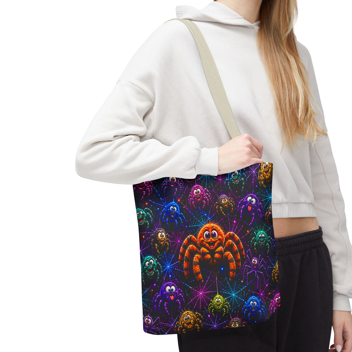 Colorful Crazy Spiders Halloween Tote Bag – Cute 3D Spider Web Pattern