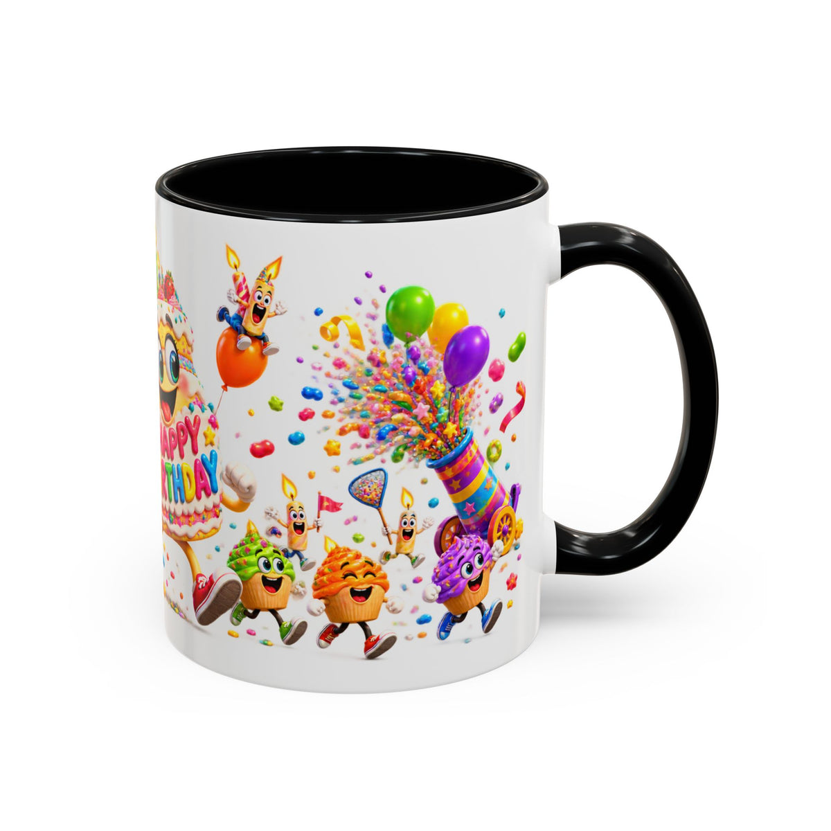 Birthday Party Coffee Mug – Colorful Happy Birthday Cake & Balloon Design (11/15oz Accent Mug)