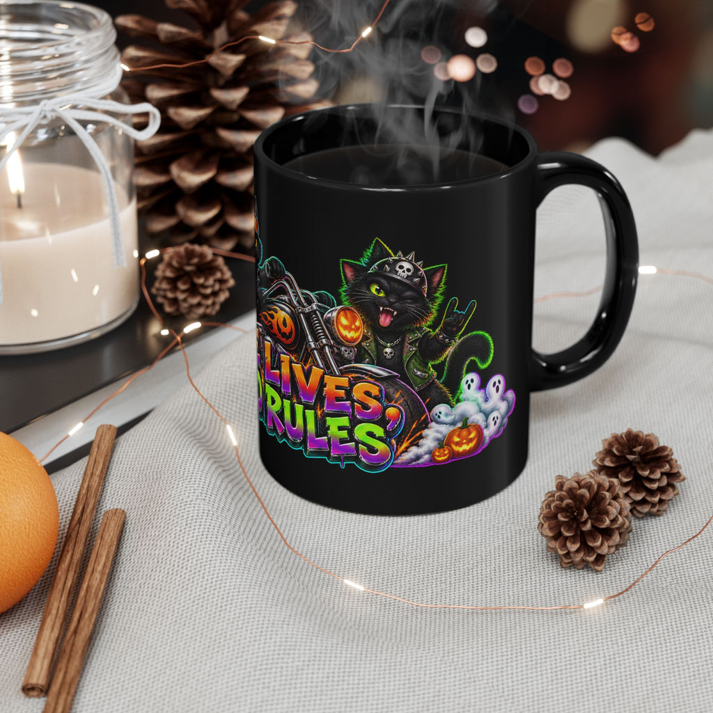 Nine Lives Zero Rules Biker Cats Halloween Black Mug