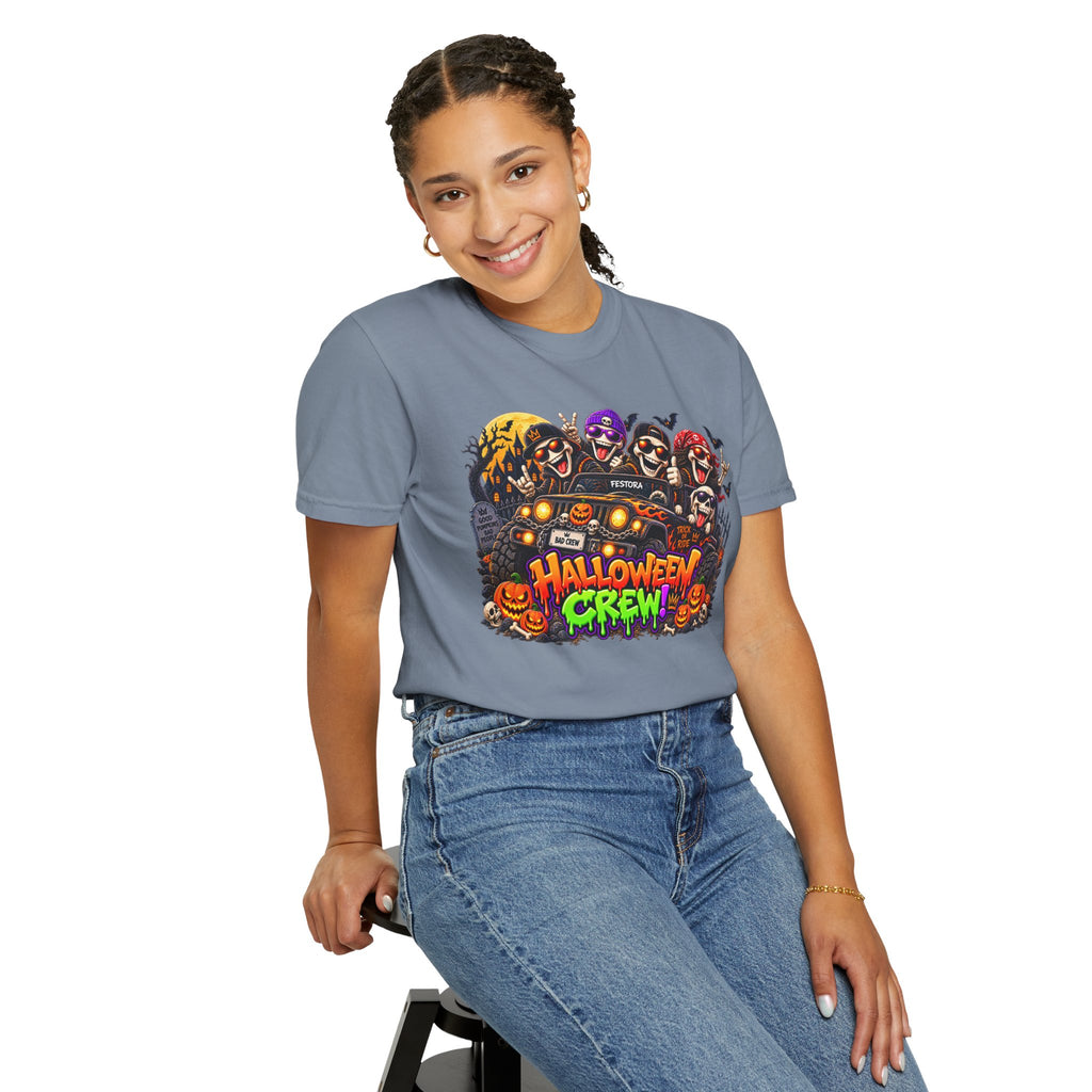 Halloween Crew T-Shirt – Skeleton Jeep Spooky Graphic Tee