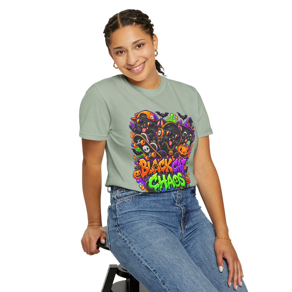 Neon Black Cat Halloween Chaos T-Shirt | Cute Spooky Cat Graphic Tee