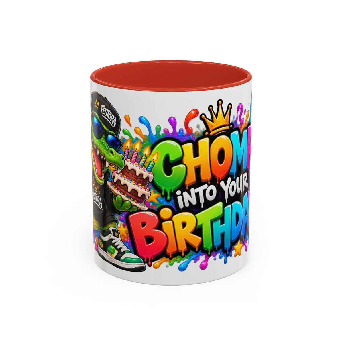 CHOMP INTO YOUR BIRTHDAY! White Ceramic Mug – Funny Crocodile Birthday Coffee Cup – Colorful Party Gift – Original FestoraShop Design