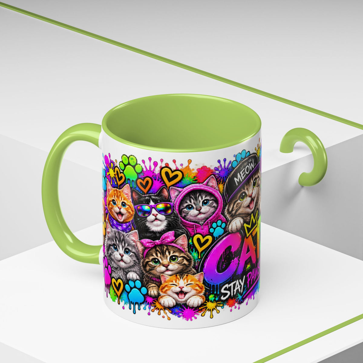 Cats Stay Pawsitive Accent Coffee Mug – Colorful Cute Cat Paw Print Design (11oz)