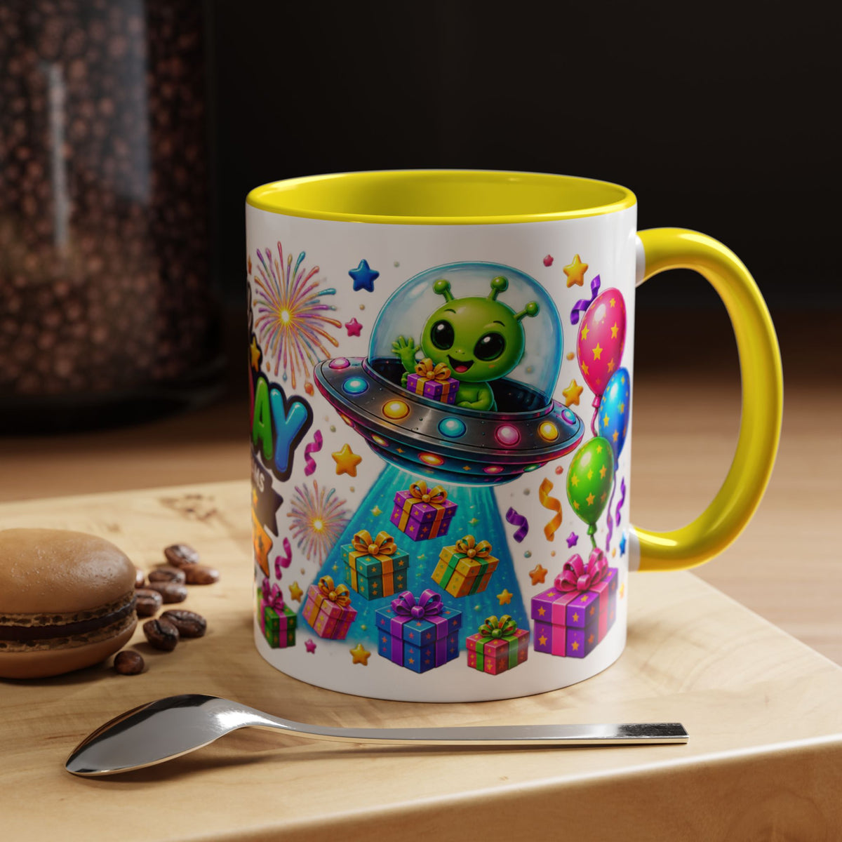 Happy Birthday Alien Coffee Mug — Colorful Galactic Birthday Wishes