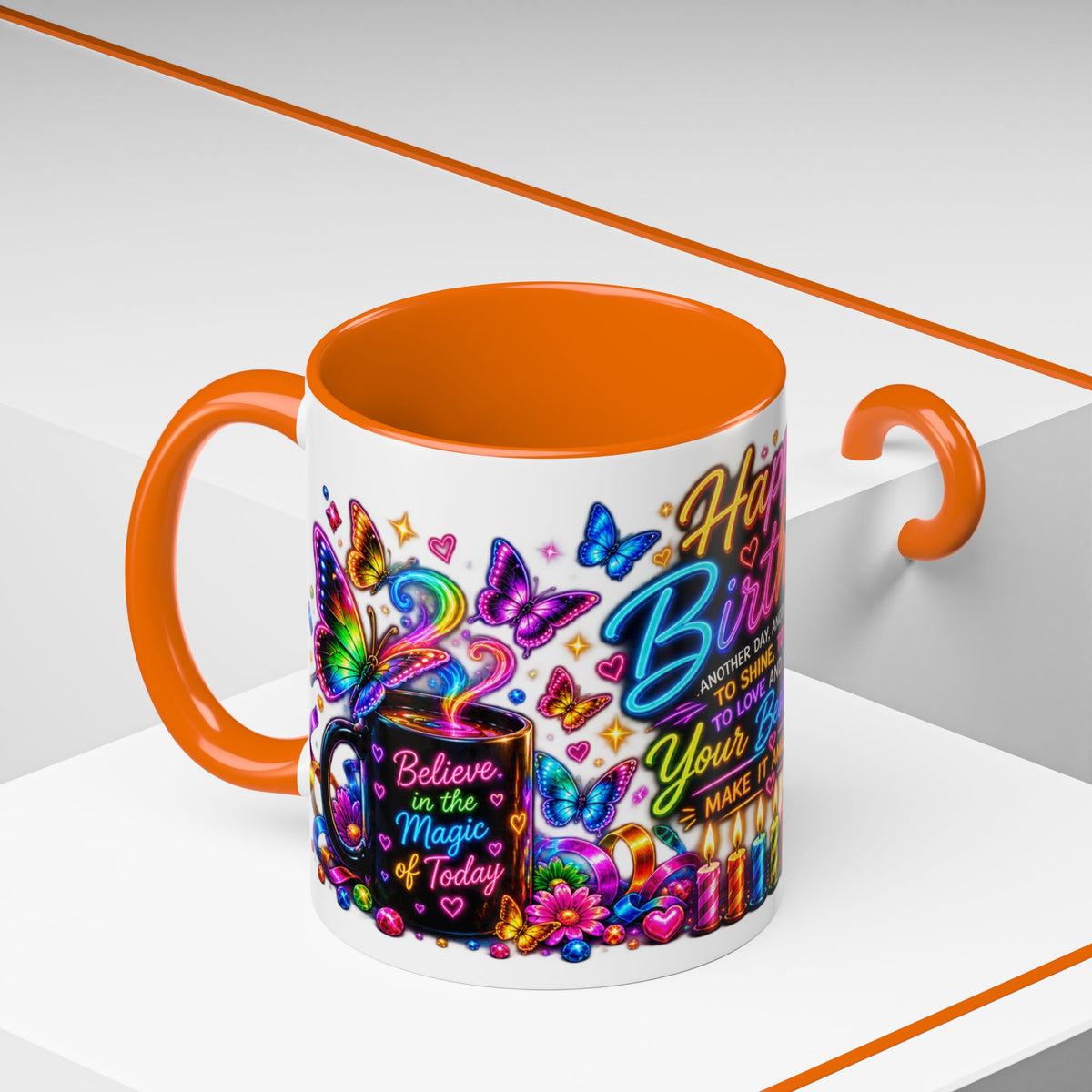 Birthday Coffee Mug – Colorful "Happy Birthday" Gift Mug with Butterflies & Candles