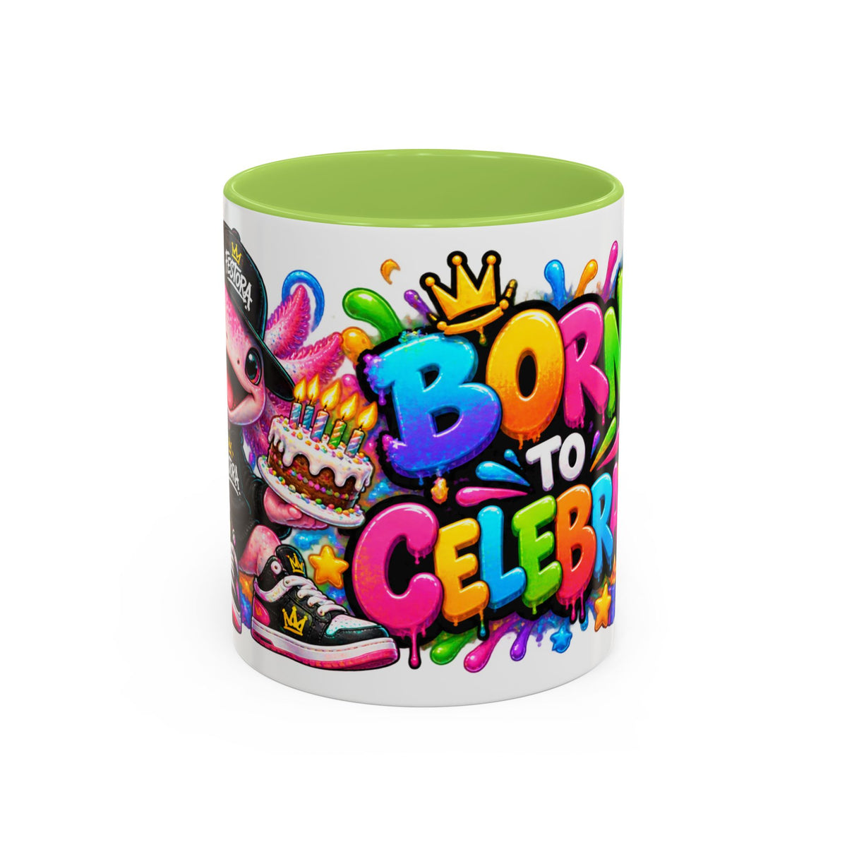 BORN TO CELEBRATE! White Ceramic Mug – Cute Axolotl Birthday Coffee Cup – Colorful Party Gift – Original FestoraShop Design