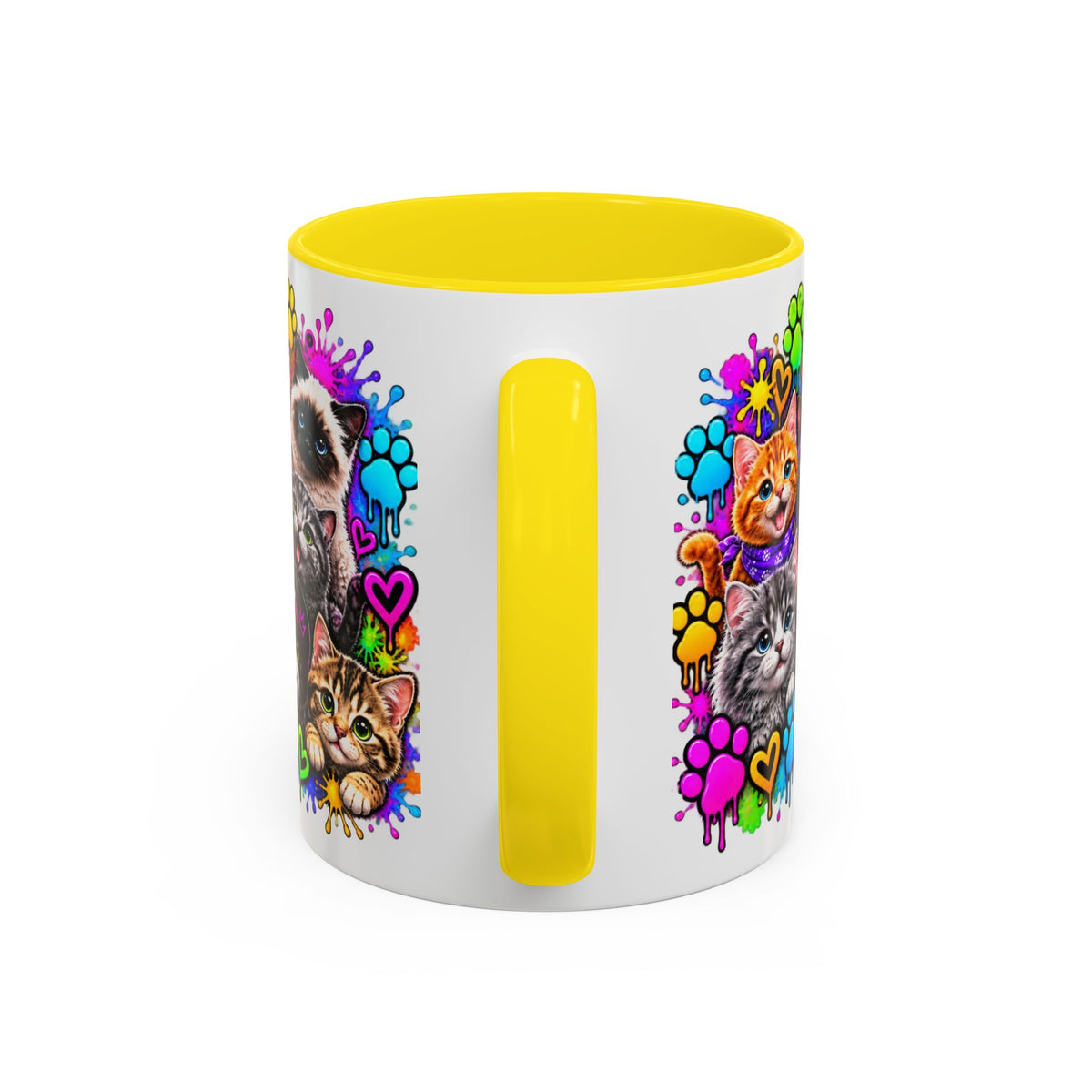 Cats Stay Pawsitive Accent Coffee Mug – Colorful Cute Cat Paw Print Design (11oz)