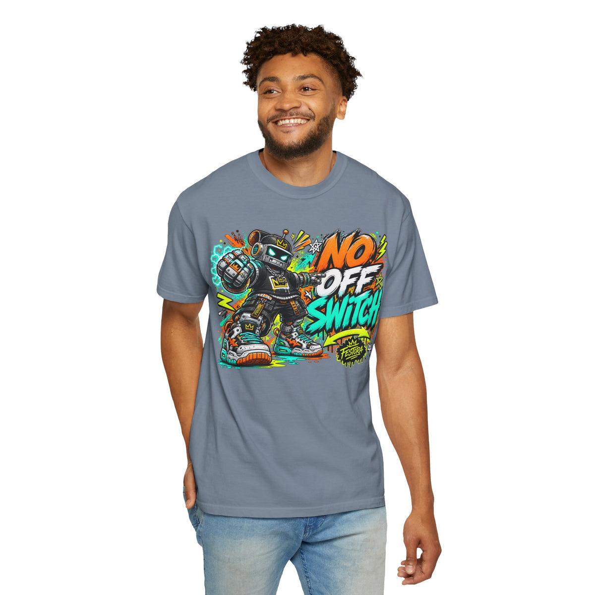 No Off Switch Robot Graphic T-Shirt — Bold Retro Streetwear Design