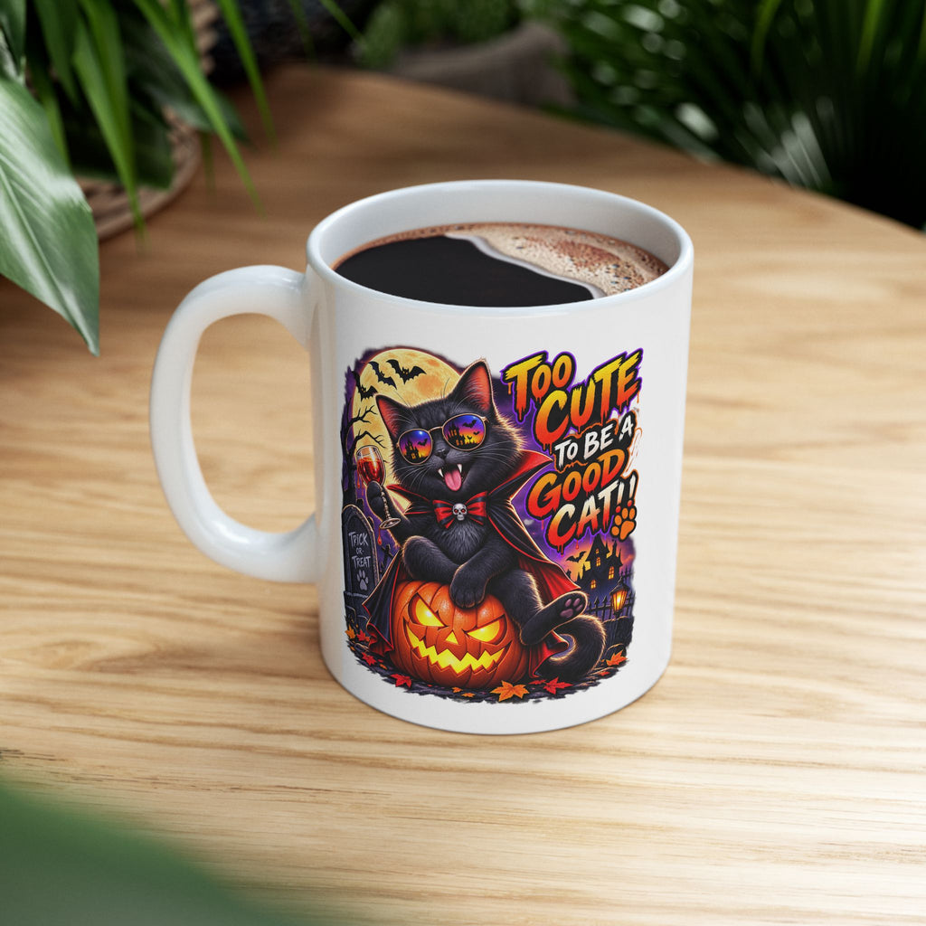 Halloween Cat Mug - “Too Cute to Be a Good Cat” Ceramic Coffee Cup (11oz/15oz)