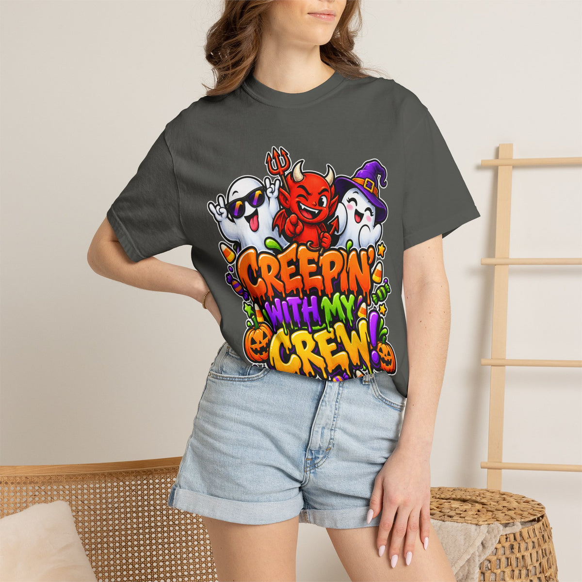 Creepin’ With My Crew Halloween T-Shirt – Colorful Funny Ghost & Devil Graphic Tee