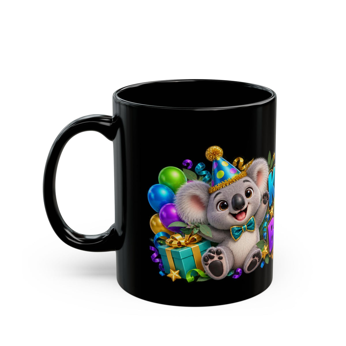 Koala-Fied for a Great Birthday Black Mug – Cute Koala Birthday Cup, Colorful Party Gift