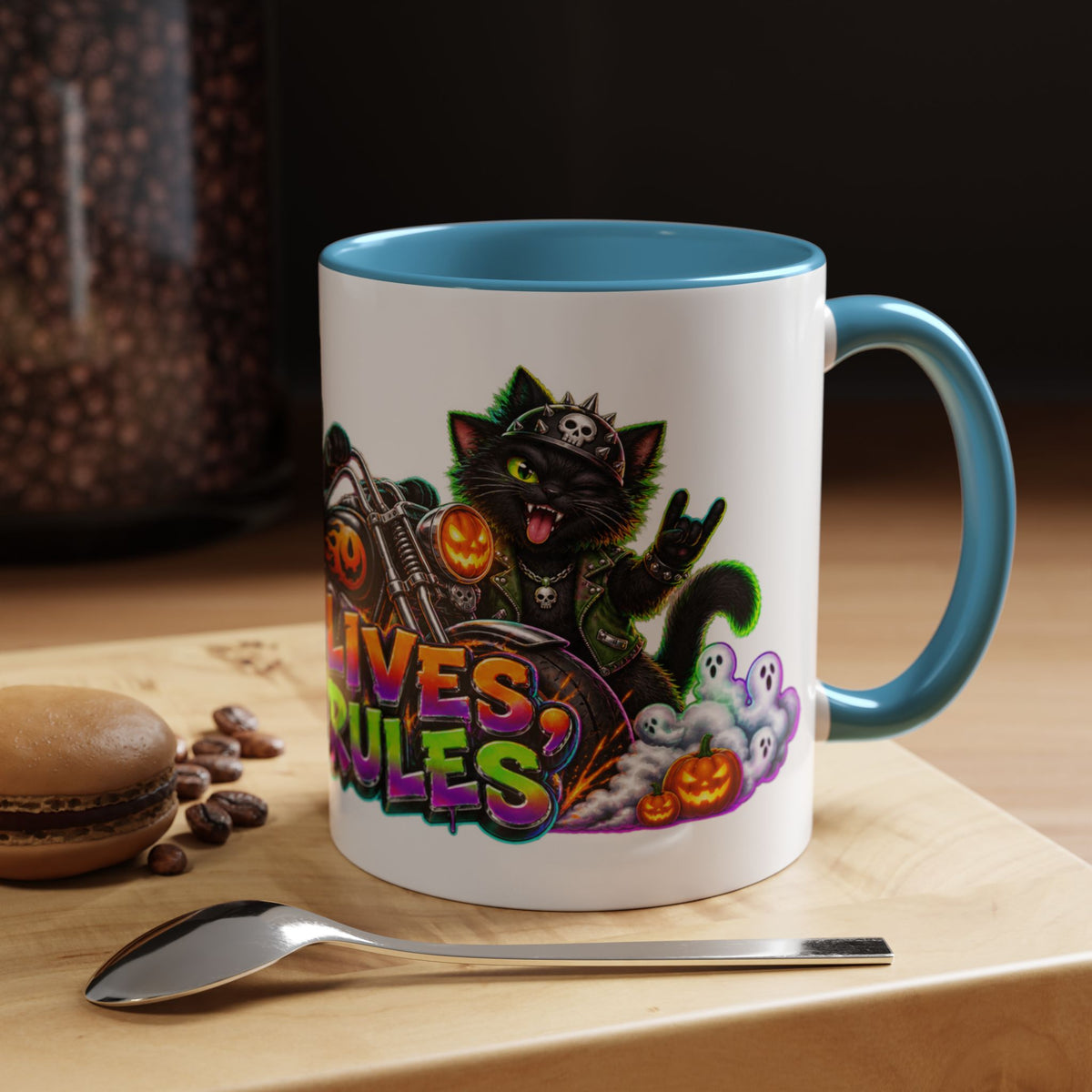 Nine Lives Zero Rules Biker Cats Halloween White Mug