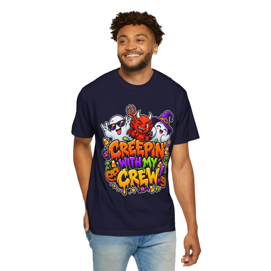 Creepin’ With My Crew Halloween T-Shirt – Colorful Funny Ghost & Devil Graphic Tee