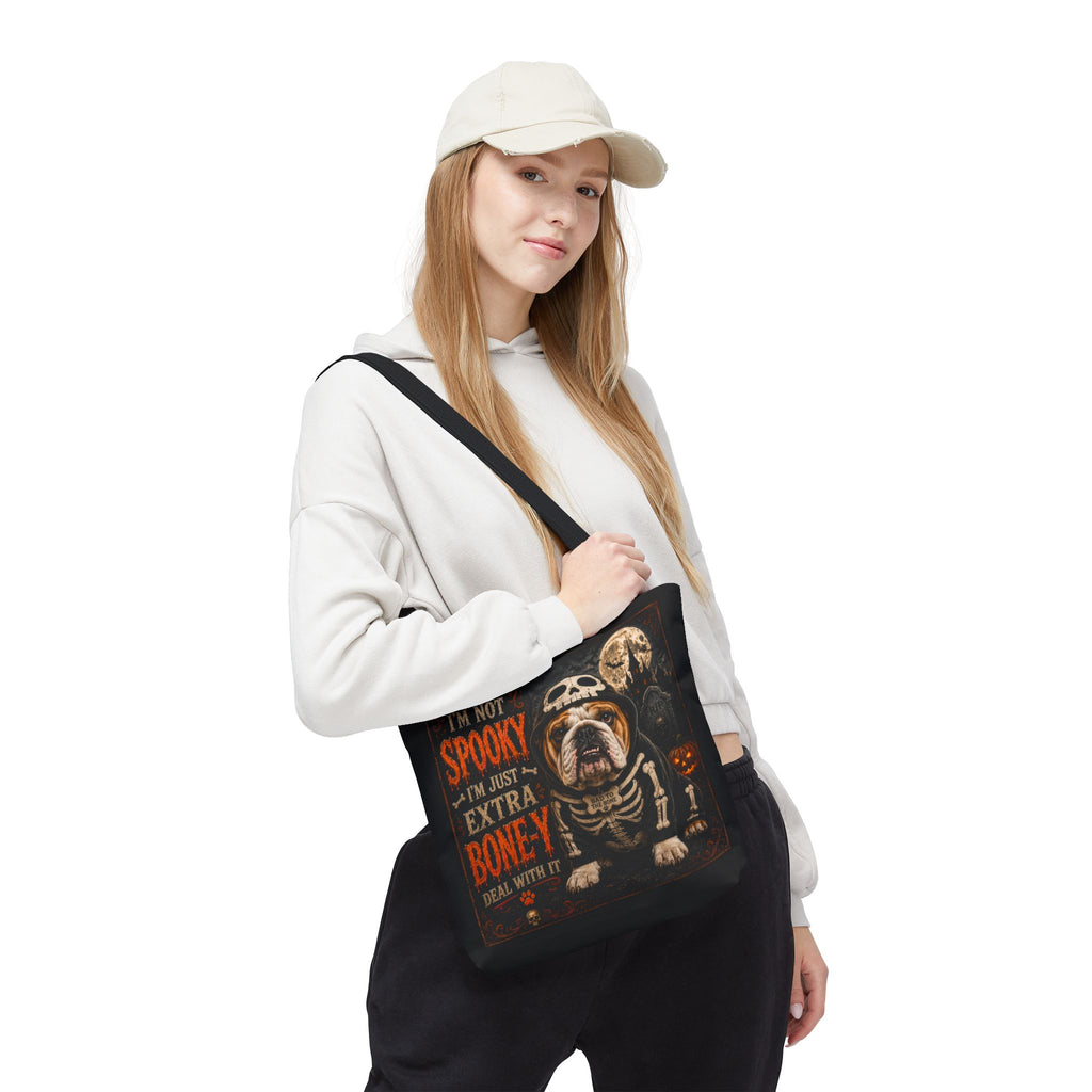 Halloween Bulldog Tote Bag – "I’m Not Spooky, I’m Just Extra Boney" All-Over Print