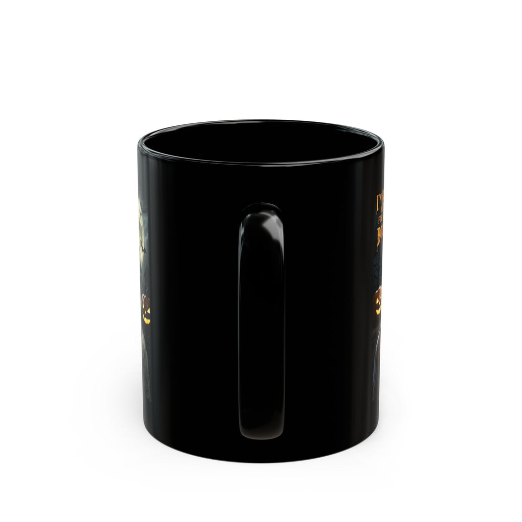 Halloween "I'm Just Here for the Boo's" Black Coffee Mug — Spooky Pumpkin & Mummy Design (11oz/15oz)