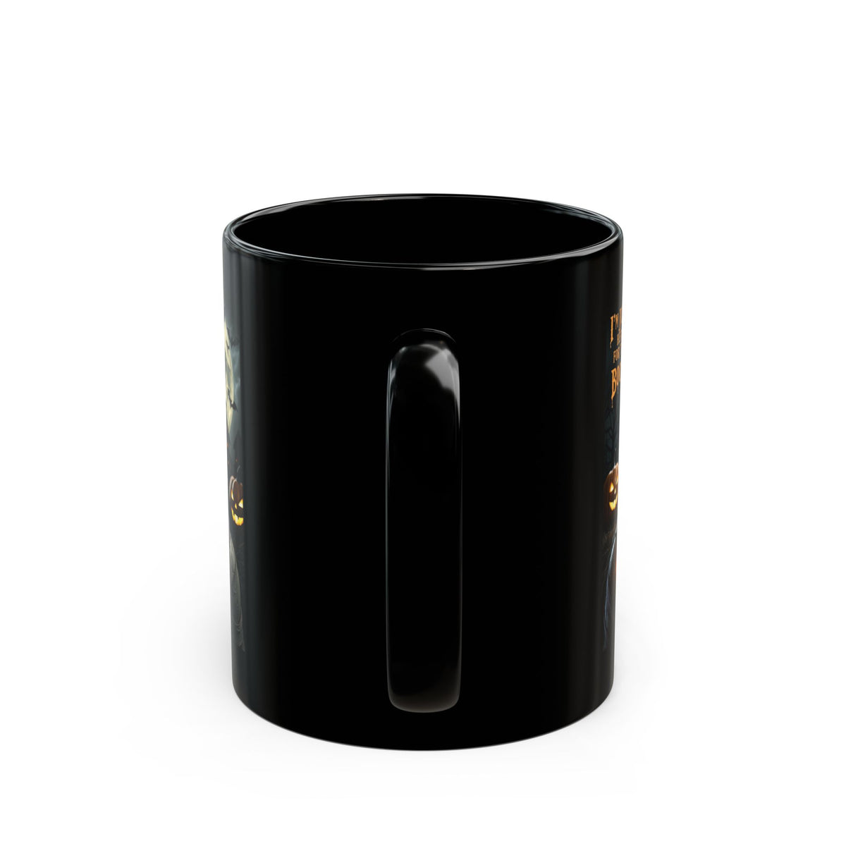 Halloween "I'm Just Here for the Boo's" Black Coffee Mug — Spooky Pumpkin & Mummy Design (11oz/15oz)