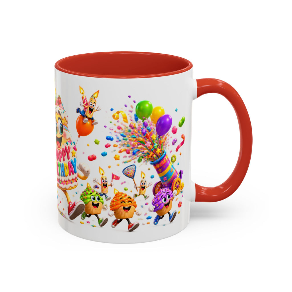 Birthday Party Coffee Mug – Colorful Happy Birthday Cake & Balloon Design (11/15oz Accent Mug)