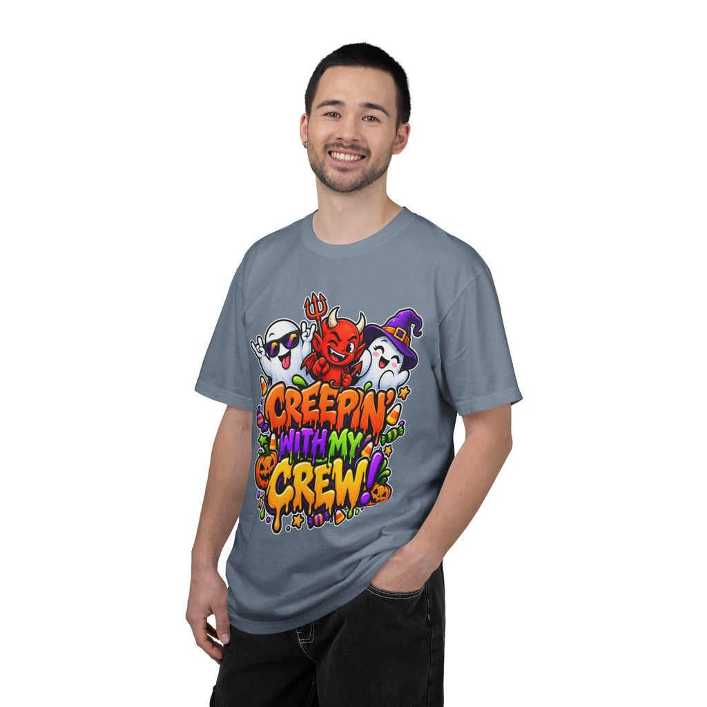 Creepin’ With My Crew Halloween T-Shirt – Colorful Funny Ghost & Devil Graphic Tee