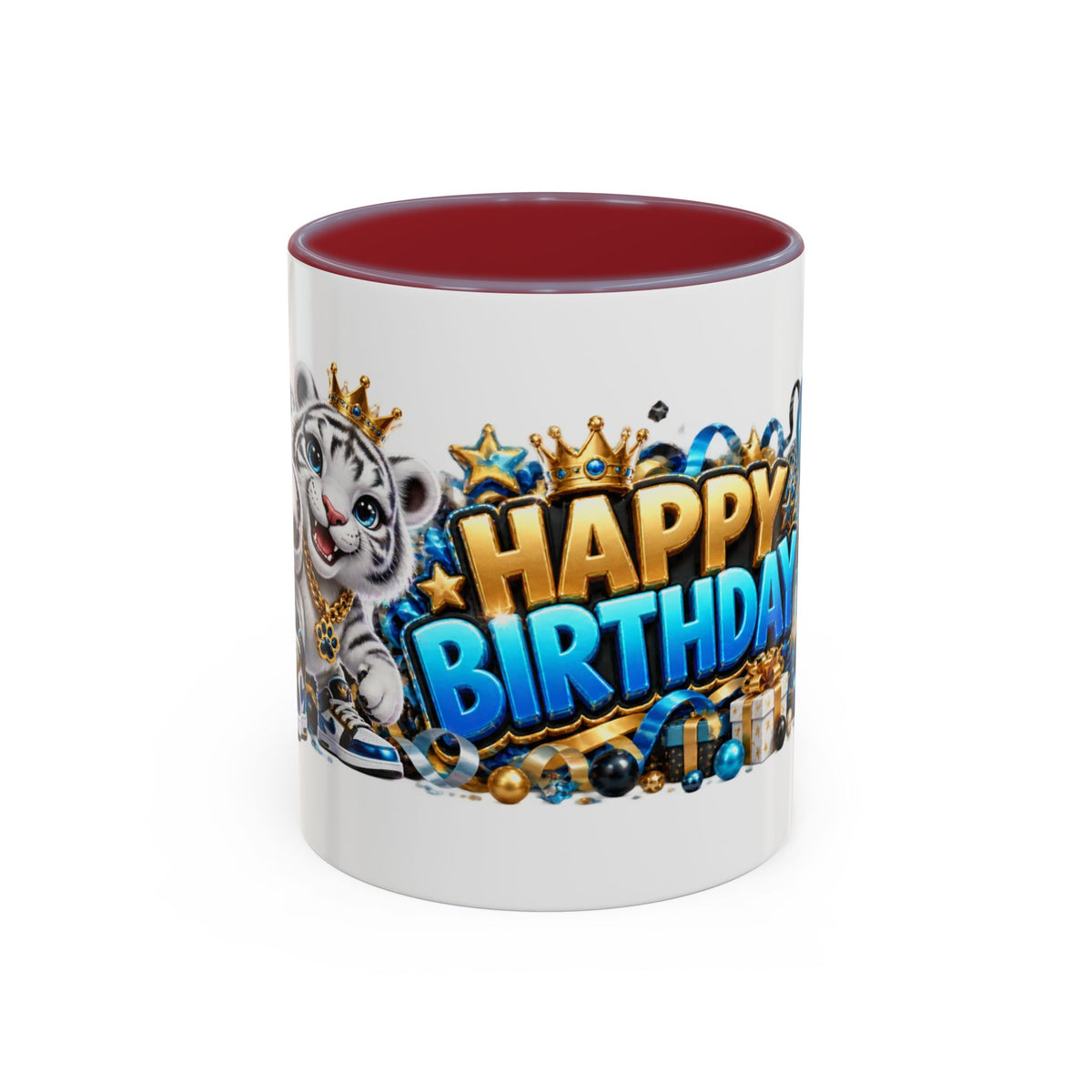 Happy Birthday White Tiger Mug – Colorful 3D Birthday Gift – White Coffee Mug