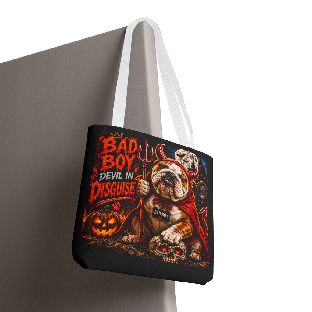 Halloween Bulldog Tote Bag – "Bad Boy Devil in Disguise" Gothic Pumpkin Skull Design