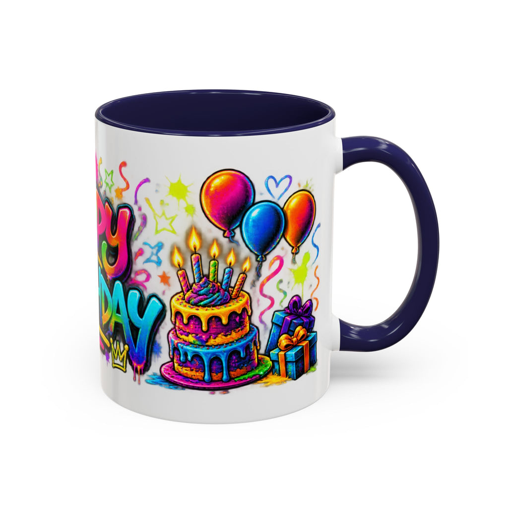 Happy Birthday Accent Coffee Mug – Colorful Graffiti Cake & Balloons (11/15oz)