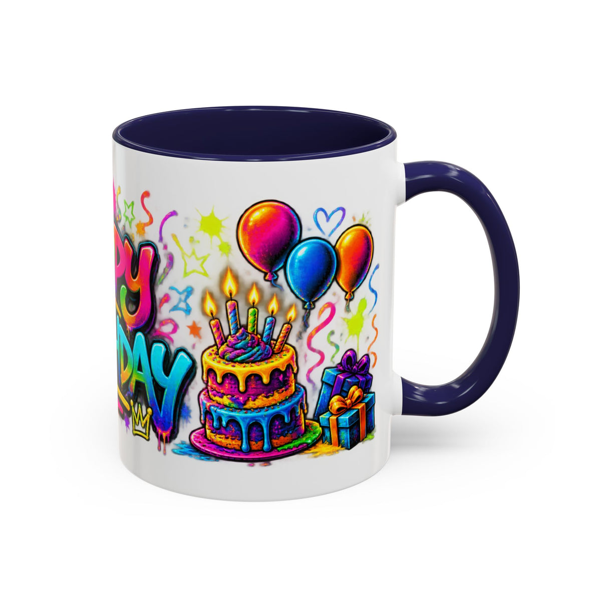 Happy Birthday Accent Coffee Mug – Colorful Graffiti Cake & Balloons (11/15oz)