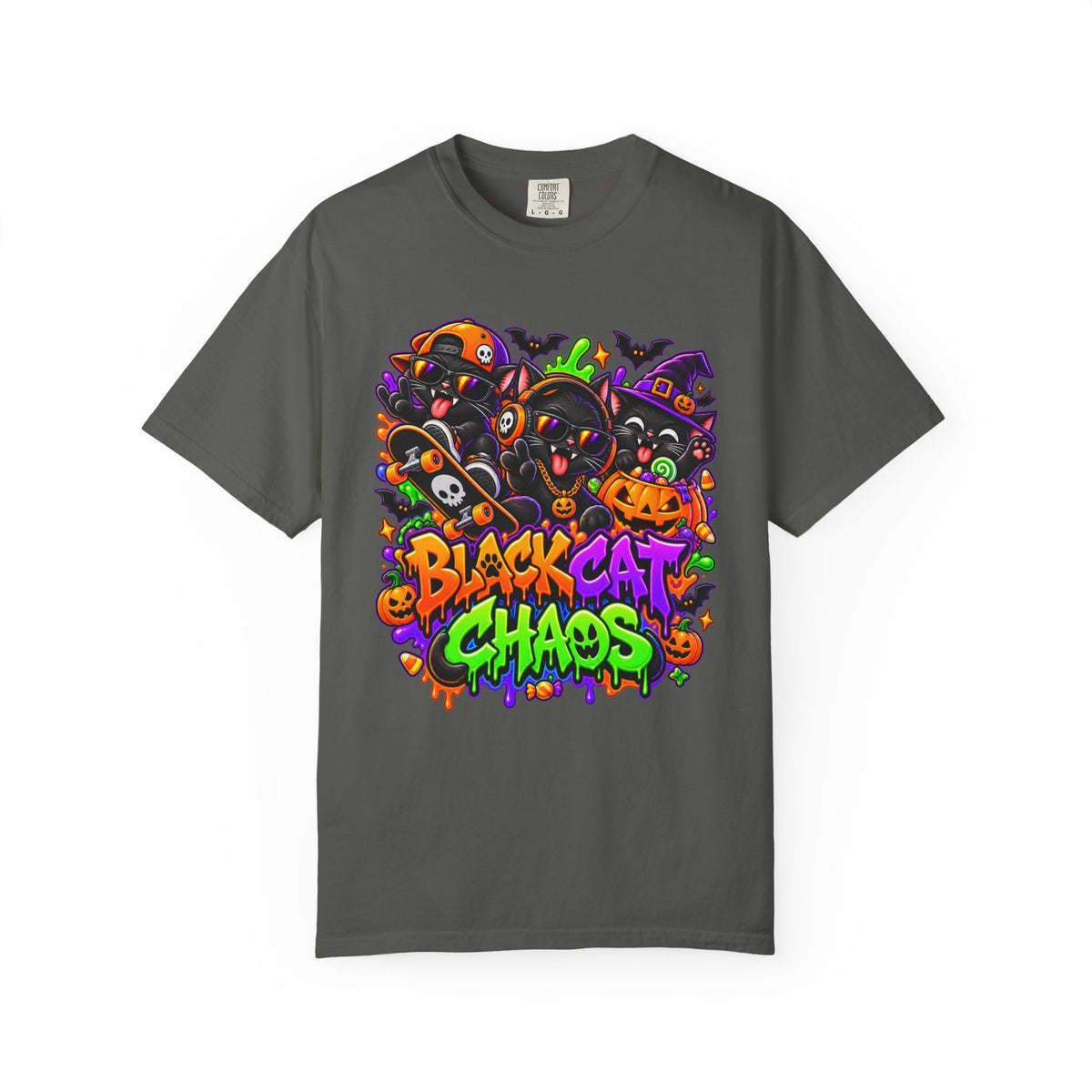 Neon Black Cat Halloween Chaos T-Shirt | Cute Spooky Cat Graphic Tee