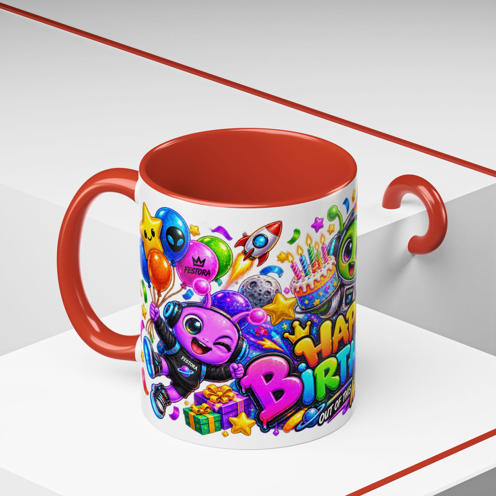 Happy Birthday Out of This World Accent Mug — Cute Alien Space Birthday Coffee Cup (11oz)