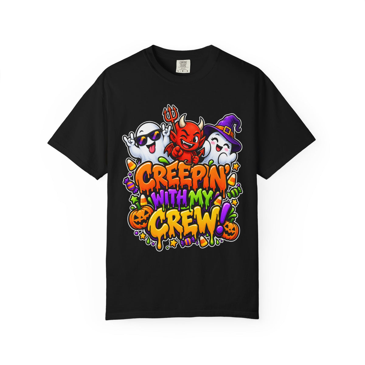 Creepin’ With My Crew Halloween T-Shirt – Colorful Funny Ghost & Devil Graphic Tee