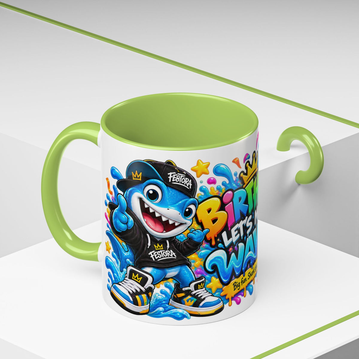 BIRTHDAY? LET’S MAKE WAVES! White Ceramic Mug – Funny Shark Birthday Coffee Cup – Original FestoraShop Design