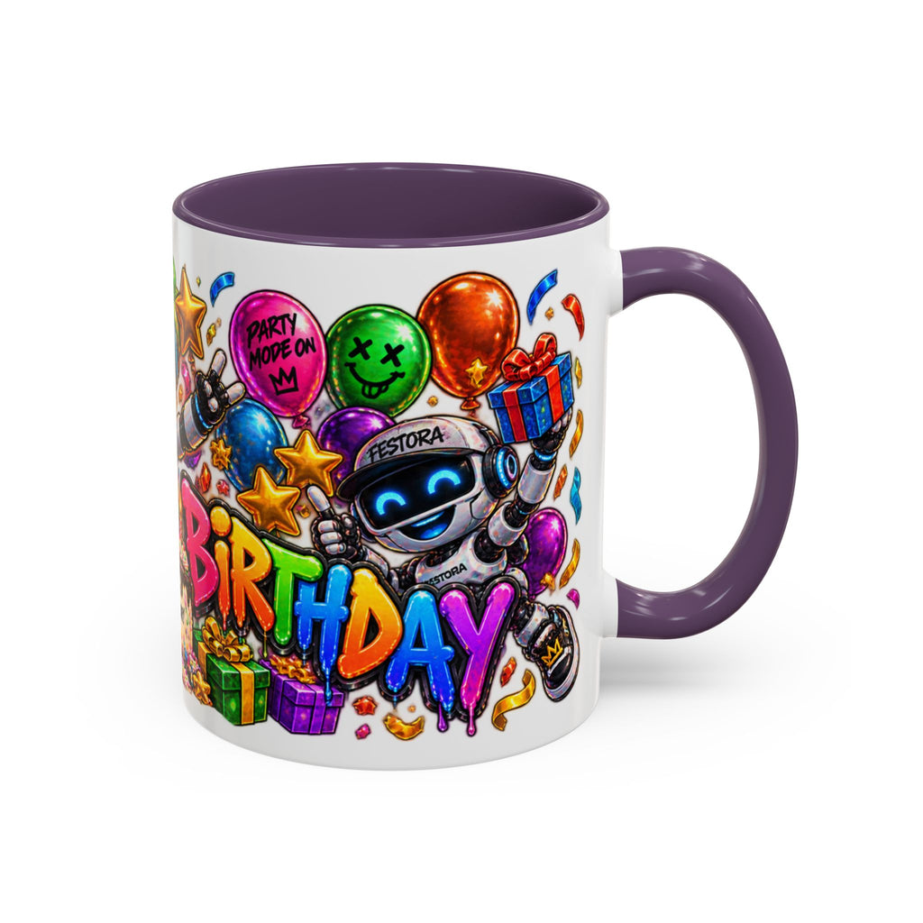 Birthday Robot Coffee Mug — Colorful Happy Birthday Accent Mug (11oz)