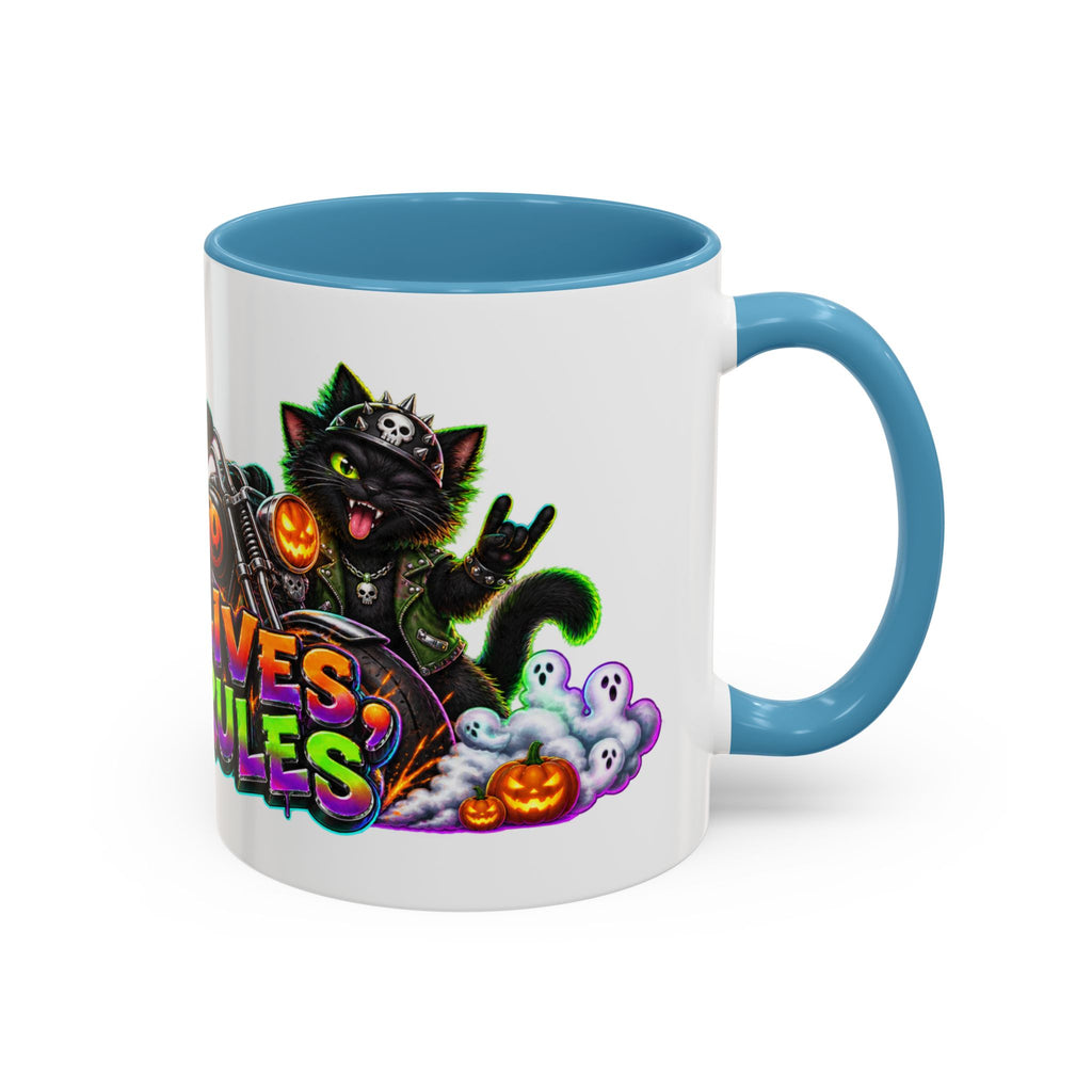 Nine Lives Zero Rules Biker Cats Halloween White Mug