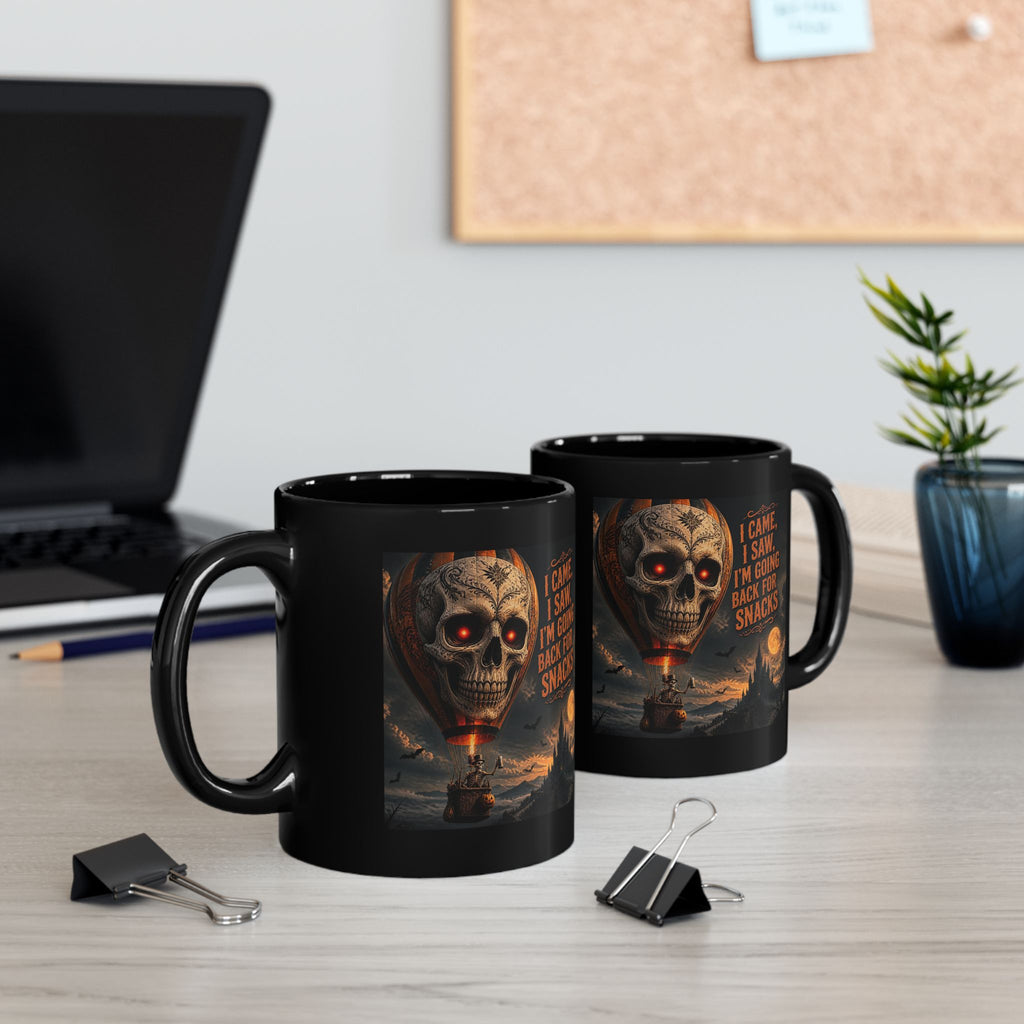 Halloween Skull Mug — "I Came, I Saw, I’m Going Back for Snacks" Black Coffee Cup (11oz/15oz)