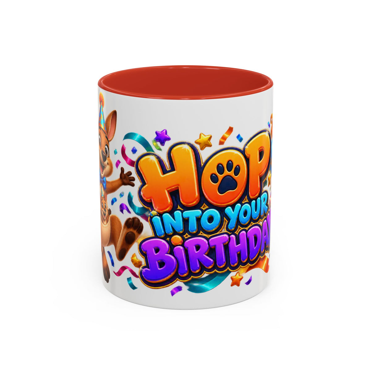 Hop Into Your Birthday White Mug – Cute Kangaroo Birthday Cup, Colorful Fun Party Gift