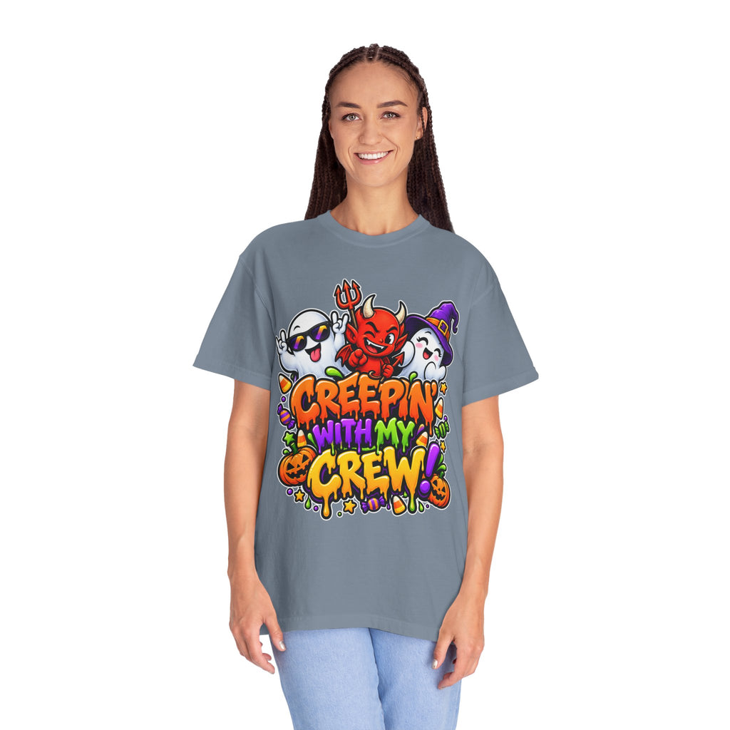 Creepin’ With My Crew Halloween T-Shirt – Colorful Funny Ghost & Devil Graphic Tee