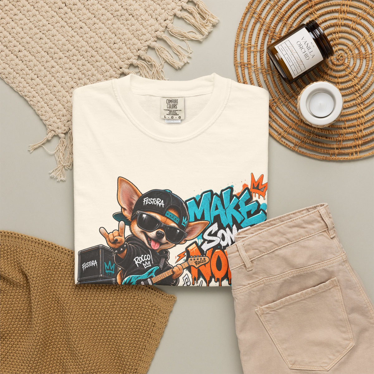Make Some Noise Rocco Graphic T-Shirt — Streetwear Rock Dog Tee