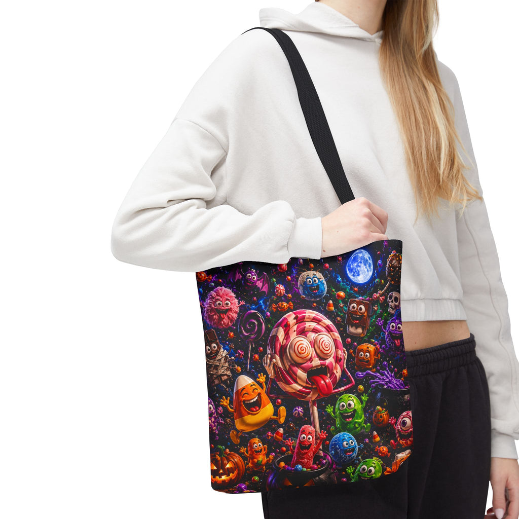 Crazy Halloween Candy Monsters Tote Bag — Colorful 3D Lolipop & Treats Design