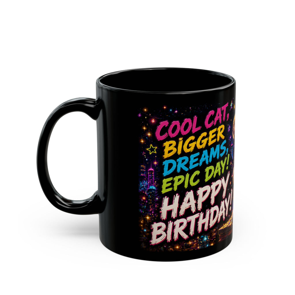 Happy Birthday Cat Mug — Colorful Neon Party Black Coffee Cup
