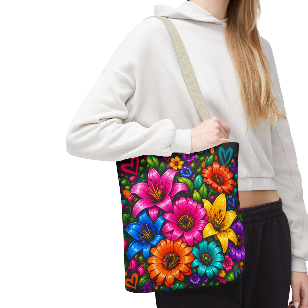 Festora Floral Burst Tote Bag — Colorful Flowers on Black