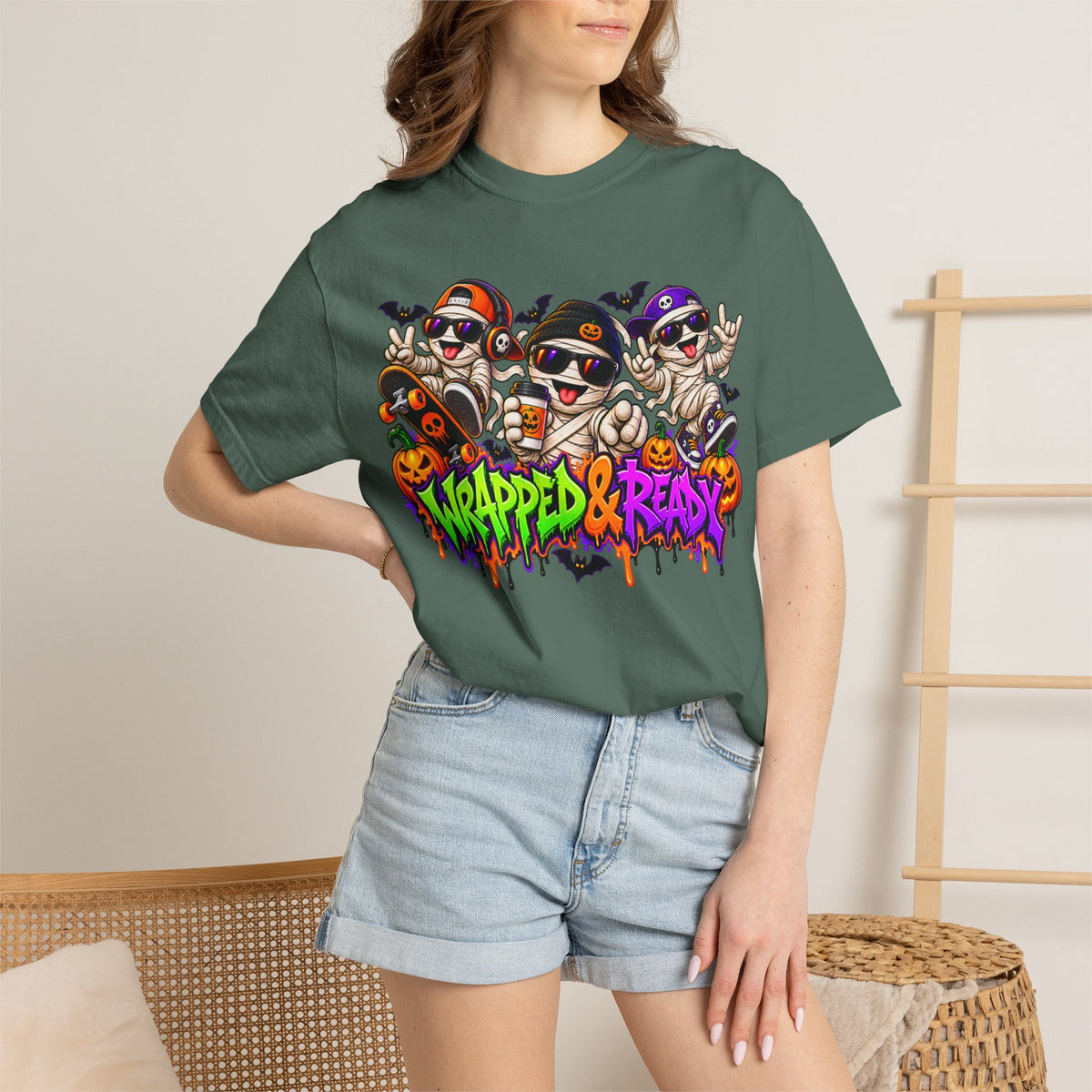 Wrapped & Ready – Halloween Mummy Crew Graphic T-Shirt