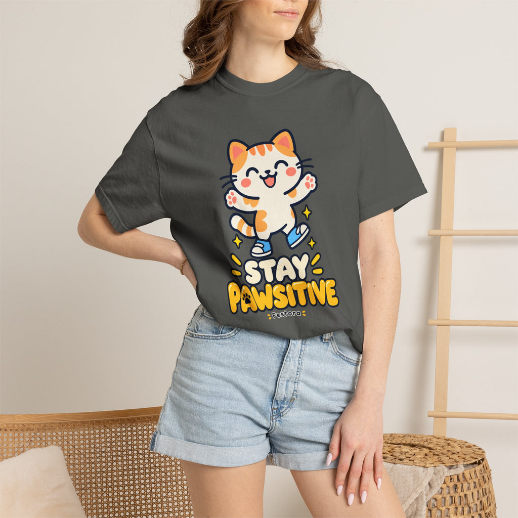 Stay Pawsitive – Cute Happy Cat Graphic T-Shirt