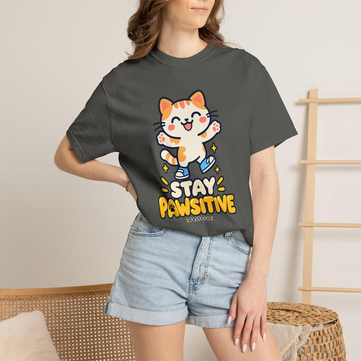 Stay Pawsitive – Cute Happy Cat Graphic T-Shirt