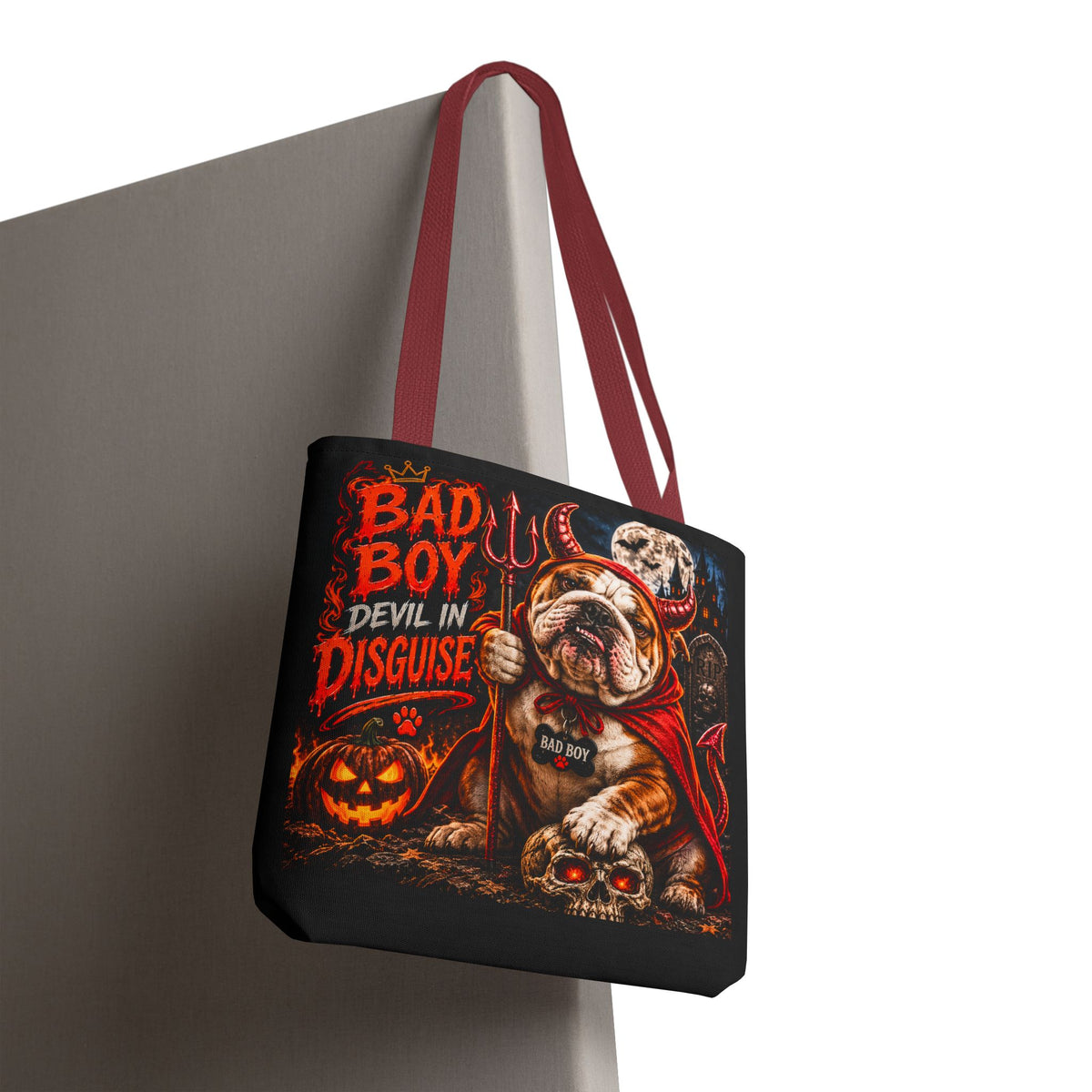 Halloween Bulldog Tote Bag – "Bad Boy Devil in Disguise" Gothic Pumpkin Skull Design